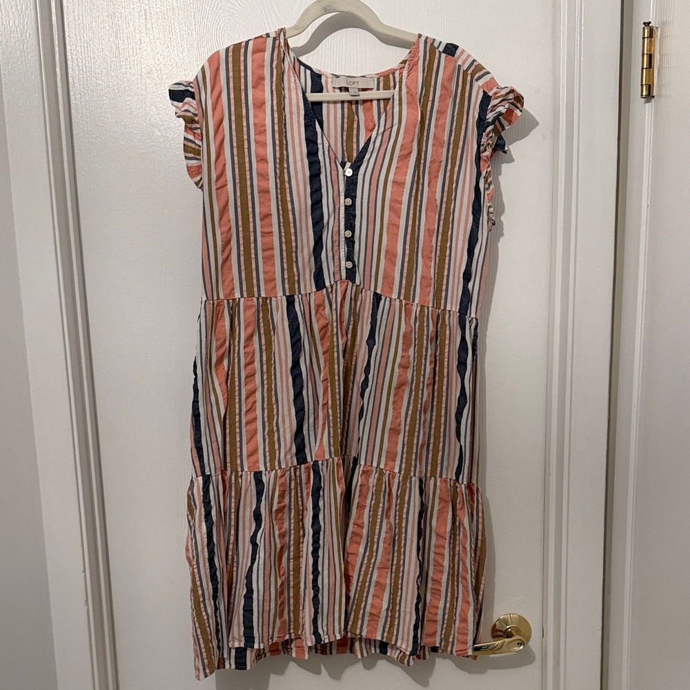 LOFT Striped Tiered Dress in Coral, Navy & Brown